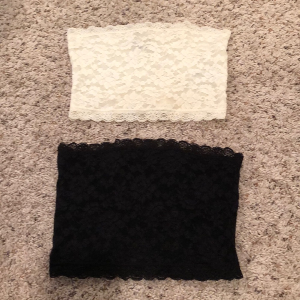 Black and white lace bandeau bras.